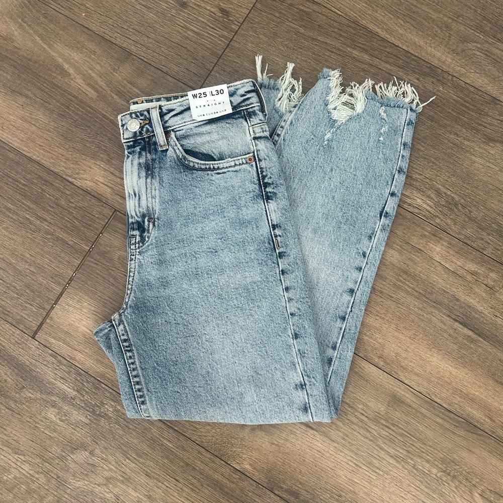 Topshop Light Blue mid rise Straight Leg Jeans with Frayed Hem